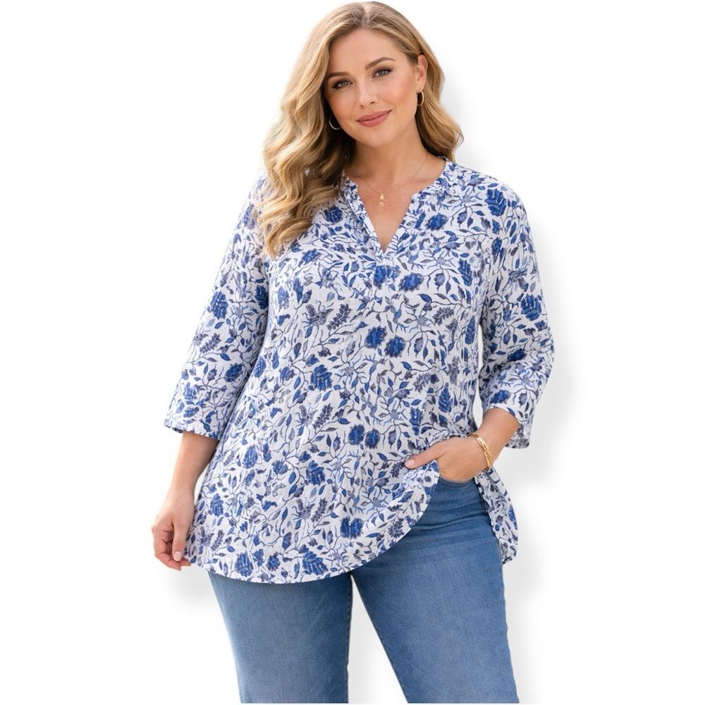 Rachel Zoe 100% Linen Blue and White Floral Blouse with 3/4 Sleeves